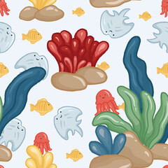 kawaii sea animals character set in a pattern