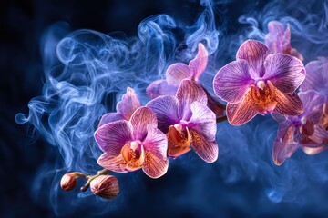 Pink orchids bloom amidst wisps of blue smoke against a dark backdrop, creating an ethereal scene