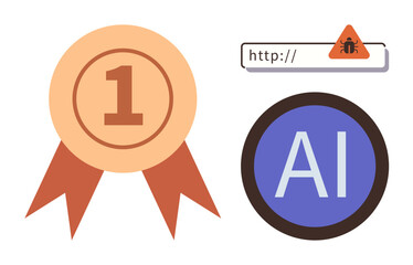 Number one ribbon beside AI badge and web address bar with a warning sign. Ideal for technology, achievement, AI, cybersecurity, innovation, competition, and risk awareness. Simple flat metaphor