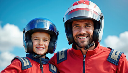 Father, son dressed as race car drivers. Wear red jumpsuits, full face helmets. Both smile happily. Enjoy family time, childhood dream of motorsport speed, adventure. Strong bond between dad, kid.