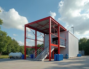 Outdoor industrial safety training facility structure. Red metal framework, container building with stairs for confined space, rescue drills. White tank, blue barrels aid hazard exercise scenarios