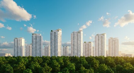 Fototapeta premium Modern white apartment buildings rise above green trees.