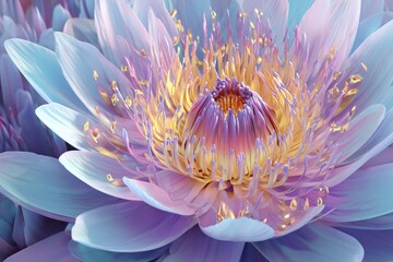 Close-up of a fantastical, multi-layered flower with pastel petals and golden center