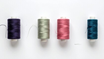 Four spools of thread in dark purple light green pink and teal arranged in horizontal line with loose strand on white background for editorial textile design sewing materials and color harmony-themed 