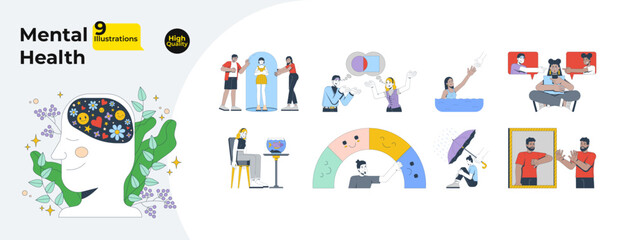 Mental health and emotional awareness cartoon flat illustrations mega bundle. Setting boundaries, cyber bullying. Psychology EQ 2D images isolated on white. Collection vector drawings colorful