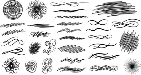 Decorative design elements showcase a collection of hand drawn swirls, lines, and flourishes for artistic projects and creative layouts.