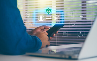 Customer using smartphone for online payment, digital financial technology, fintech concept, transfer money, online shopping, internet banking, bill payment, digital wallet, Health insurance, Fund