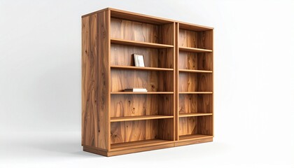 Large wooden bookshelf with natural finish three vertical sections open shelves and cabinet doors against white wall for editorial interior design home office furniture and minimalist lifestyle-themed