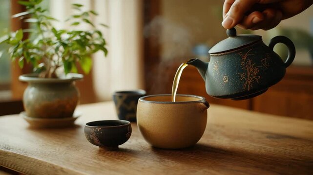 A beautifully arranged tea set featuring a teapot, cups, and a plant in natural light, emphasizing tranquility and warmth in a cozy setting surrounded by wooden decor.