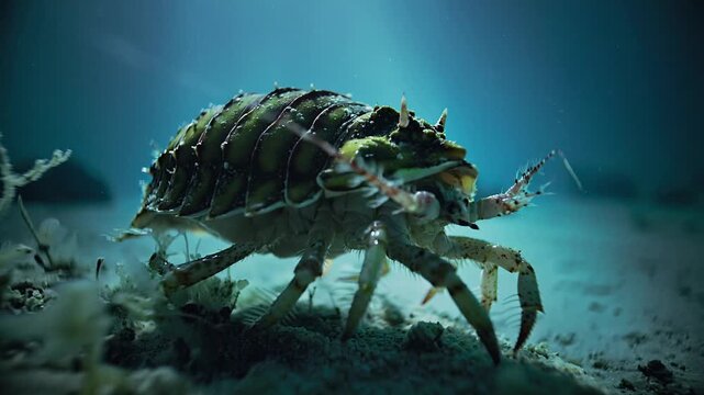 Mysterious Giant Isopod, a Deep-Sea Crustacean, Creeping on the Dark Ocean Floor in an Enigmatic Underwater Scene