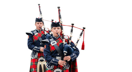 Photo of two bagpipers in traditional scottish uniform isolated on transparent background