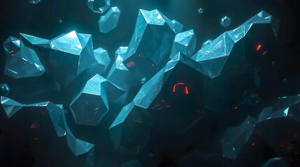 abstract scene of holographic 3D forms floating in a dark
