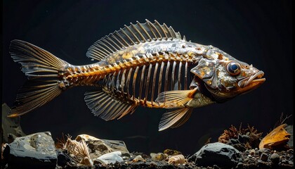 Prepared fish with exposed skeletal structure showing spine fins and rib bones in dried or cooked form for editorial culinary anatomy marine biology and food science-themed visuals