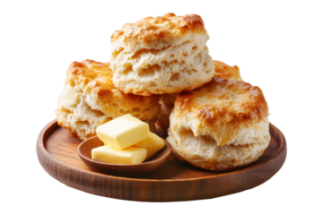 Buttermilk biscuits topped with syrup and butter, stacked on a wooden plate, isolated on white transparent background, concept of breakfast