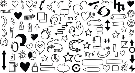 Hand drawn doodle elements showcase a collection of arrows, hearts, stars, and shapes in a simple, artistic style.