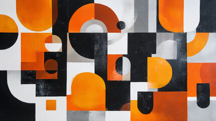 Abstract geometric painting in black, white, and vibrant orange, modern art style, bold shapes and clean lines, high contrast composition, minimalistic design