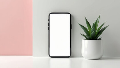 Modern smartphone with blank white screen sits on clean surface next to green plant. Minimalist composition for app promotion or web design display.