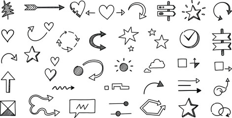 Collection of hand drawn doodle elements featuring arrows, hearts, stars, and other symbols in a simple, sketch style design.