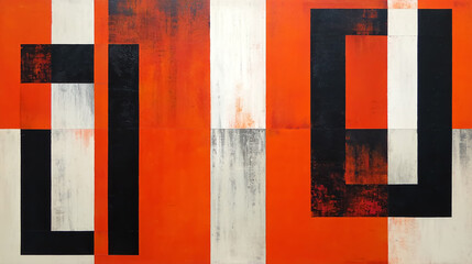 Abstract geometric painting in black, white, and vibrant orange, modern art style, bold shapes and clean lines, high contrast composition, minimalistic design