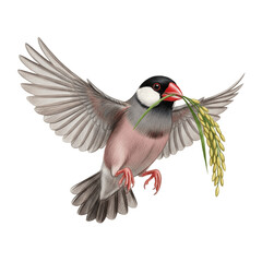 Obraz premium Java Sparrow carrying rice stalk in flight art