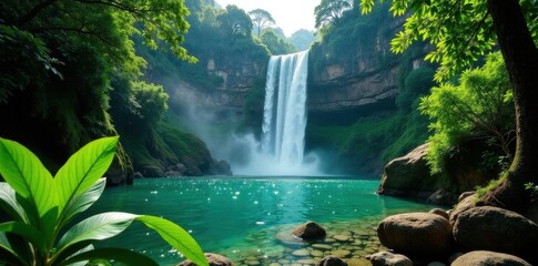 Giant waterfall plunges into emerald pool, dense Thai rainforest, pool, view