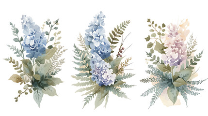 Watercolor Floral Bouquets with Blue and Pink Hues and Greenery on PNG Black Background graphic design