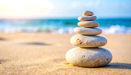 Stack of balanced stones on beach, blurred ocean and sky in the background
