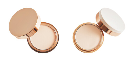 Open compact powder in gold metal container with lid leaning on side. Top view, catalog shot. Isolated element with clear even edge on transparent background