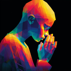 A colorful geometric representation of a contemplative figure expresses deep thoughts and emotions through vibrant hues and shapes.