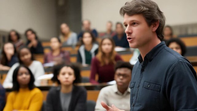 A passionate university lecturer engages students in an interactive classroom environment, showcasing the importance of education and active learning in higher education.