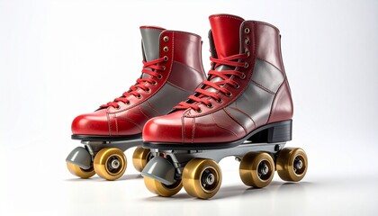 Vintage-style roller skates with silver boots red accents and golden quad wheels for editorial retro fashion sports gear and nostalgic lifestyle-themed visuals