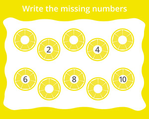 Write the missing numbers in the lemons. Children's educational game. Score 1-10.