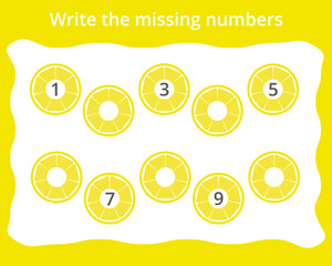 Write the missing numbers in the lemons. Children's educational game. Score 1-10.