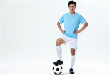 A soccer player in a blue jersey stands confidently with one foot on a soccer ball.
