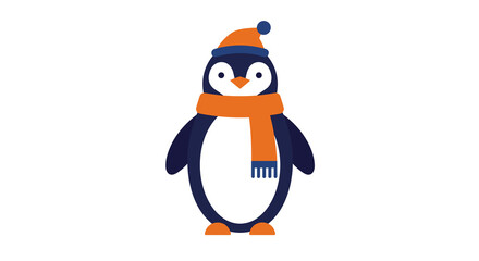 Fototapeta premium Flat vector penguin wearing a winter hat and scarf, concept of Christmas 