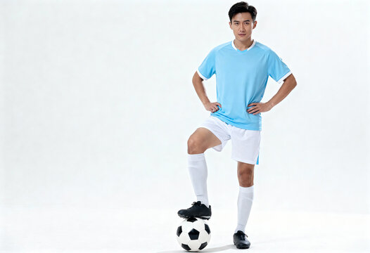 A soccer player in a blue jersey stands confidently with one foot on a soccer ball.