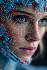 A close-up of a woman’s face with an intricate net design, merging human beauty with artistic detail in a striking visual expression.