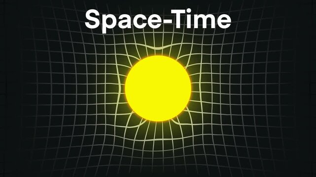 Scientific illustration of spacetime curvature showing a bright yellow sphere bending the surrounding grid, representing gravity, physics, and Einstein&rsquo;s theory of relativity