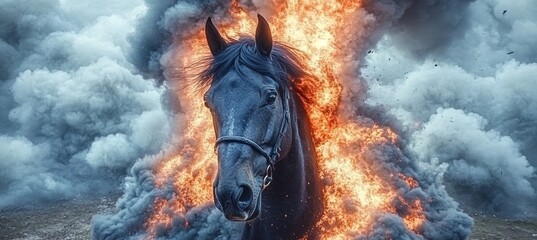 Obraz premium Majestic Charcoal Horse Erupting From Fiery Background with Smoke for Dramatic Photography Themes
