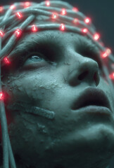 An ethereal figure with neon lights and a serene expression exemplifying the fusion of technology and humanity.