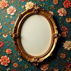 Gilded oval frame on swirling floral wallpaper Art Nouveau style , gilded, ornate