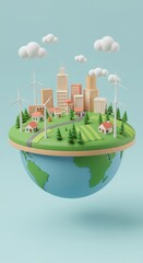 Obraz premium Earth globe with city, houses, wind turbines and clouds. 3d render.