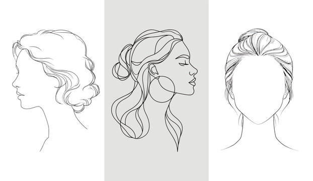 Three elegant line drawings present different hairstyles for women, featuring a bun, flowing locks, and an updo style, set against a light background.