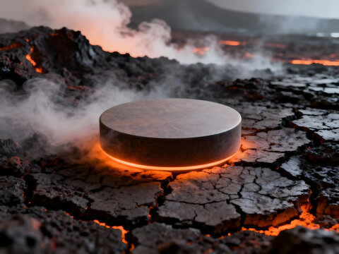 A glowing futuristic device rests on a cracked volcanic landscape with molten lava and rising steam.