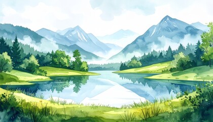 Summer countryside landscape with river, green grass, trees and blue sky watercolor illustration