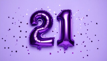 Purple balloon number 21 with confetti on solid colored background. Photo for anniversary or birthday party