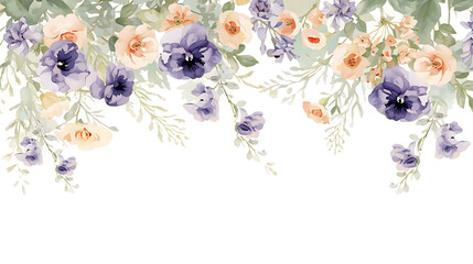 Watercolor Floral Garland with Purple Pansies and Peach Roses on PNG Black Background flowers