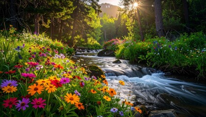 Summer landscape with river, green grass, trees and blue sky illustration