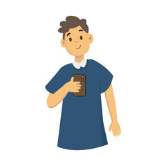 Flat style illustration of a boy holding a smartphone and smiling. Modern teenager character using mobile phone for communication, apps and internet. Perfect for social media, digital lifestyle.