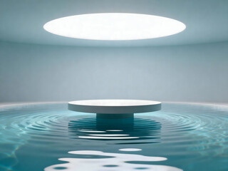 A minimalist, futuristic podium emerges from rippling water under a soft, circular light source.